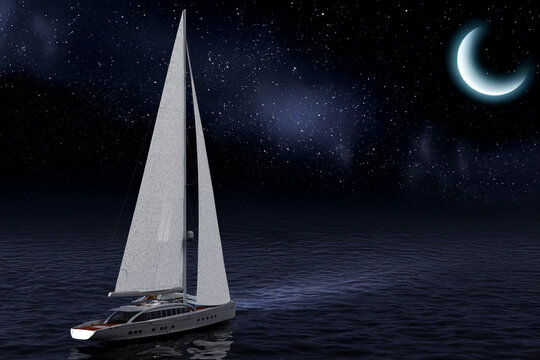 Barca a vela. Yacht a vela di lusso. Primo piano della barca,  di notte, con sfondo mare e cielo notturno. La luna rischiara la scena.