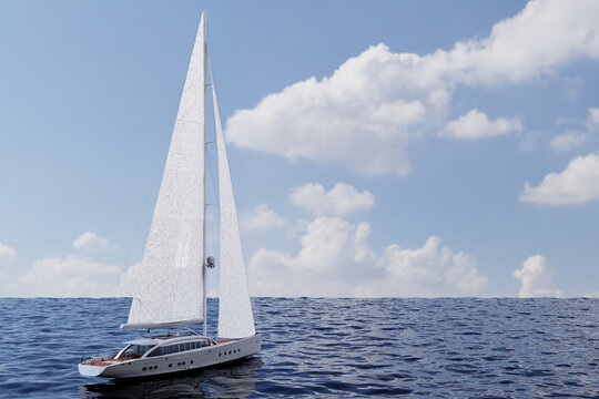 Barca a vela. Yacht a vela di lusso.  Barca che naviga  in mare blu, orizzonte di sfondo con mare e cielo azzurro.