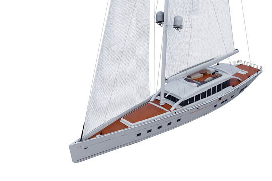 Barca a vela. Yacht a vela di lusso. Rendering 3D dell'imbarcazione su sfondo bianco con riflesso. Scontornabile oggetto singolo isolato.