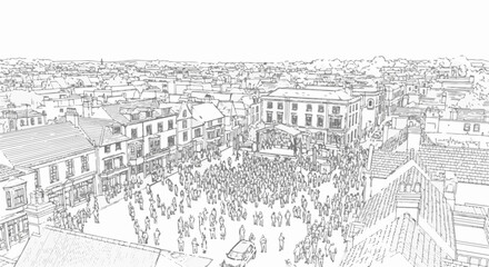 Fototapeta premium Lively town square scene with a crowd gathered for a performance on a stage
