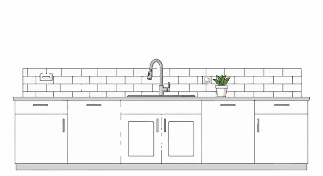 Minimalist kitchen counter with subway tile backsplash, faucet, and plant