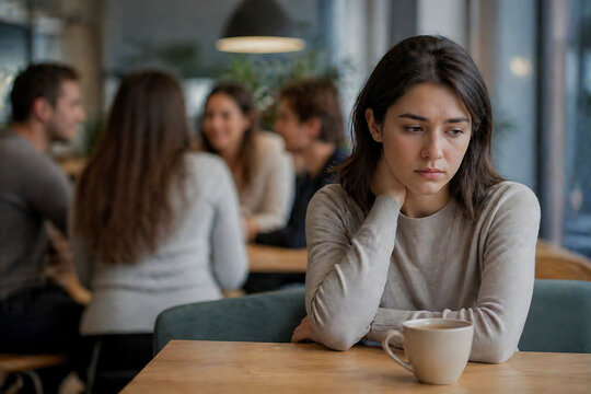 Sad woman sitting alone in cafe with people talking in background
