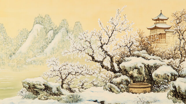 Chinese ink wash landscape winter scene snow capped mountains village background ancient pagoda on hill snow covered tree leaves foreground well hidden under plum trees yellowish paper traditional bru