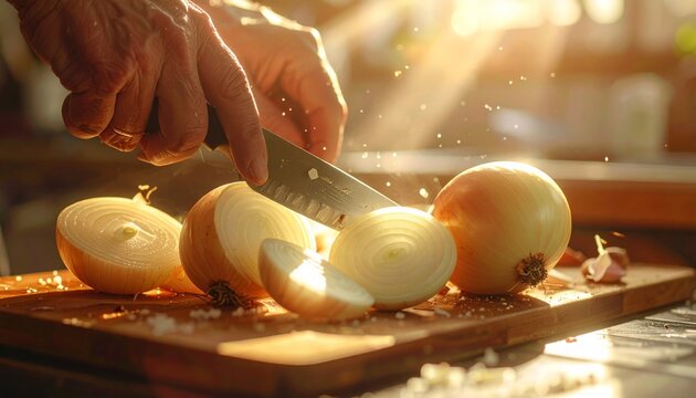 Hand cutting onions on wooden board.
