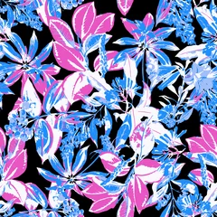 Blue Exotic Foliage, Decorative seamless pattern. Repeating background. Tileable wallpaper print. © MalyskaStudio