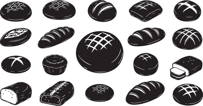 Assorted bakery bread and loaf silhouette icons