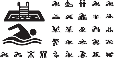 Fototapeta premium Swimming pool and swimmer pictogram icon vector set