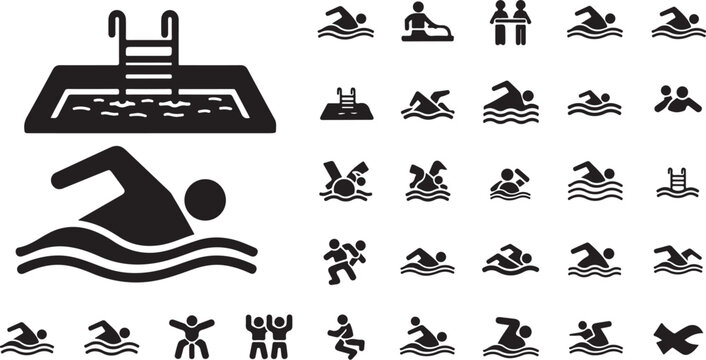 Swimming pool and swimmer pictogram icon vector set
