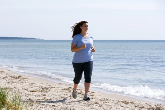 Overweight woman jogging along a sandy beach shoreline, wearing a blue t-shirt and black leggings, with calm ocean waves and a clear sky in the background, promoting outdoor fitness and wellness
