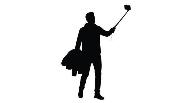 Man taking a selfie with a smartphone on a stick silhouette