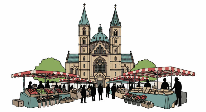 Outdoor market scene with stalls displaying produce and flowers in front of a large cathedral