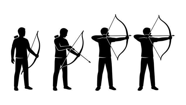 Active Male Silhouette Sequence Displaying Professional Archery Bow Shooting Action For Sports Graphic Design