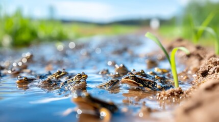 Fototapeta premium Cluster of Frogs Lining Wet Riverbank with Visible Eggs in Nature