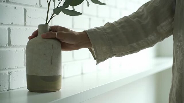 a gender-neutral hand in smart-casual attire gently adjusts an elegant ceramic vase with a botanical stem on a minimalist shelf against a pristine white brick wall, bathed in soft daylight. Concept