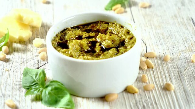 homemade fresh basil pesto sauce in a white bowl with pine nuts and olive oil on a rustic wooden background