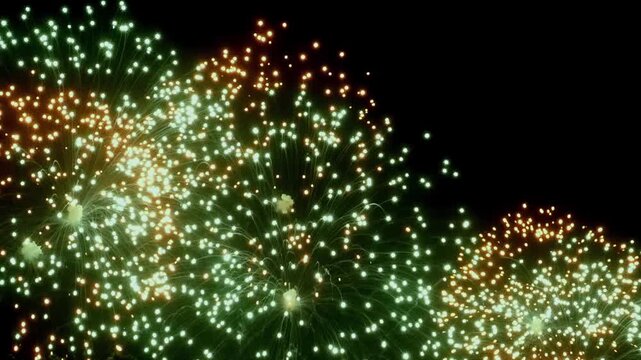 Vivid bursts of green and gold light up night, marking festive occasion. Spectacular display captivates onlookers, transforming dark backdrop into dazzling canvas of color and excitement.