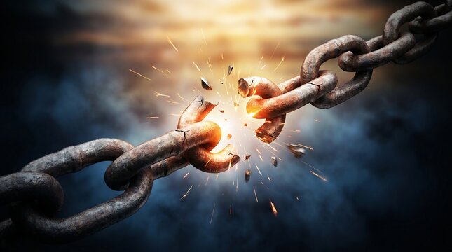 Close-up image of a broken rusty old chain symbolizing a secure yet weathered metal connection, isolated on a white background for industrial strength and safety concept