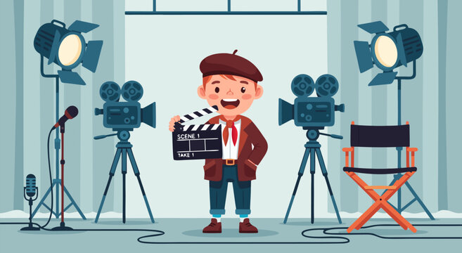 A joyful boy holding a clapboard in a film studio, a vintage vector illustration for entertainment and movie production
