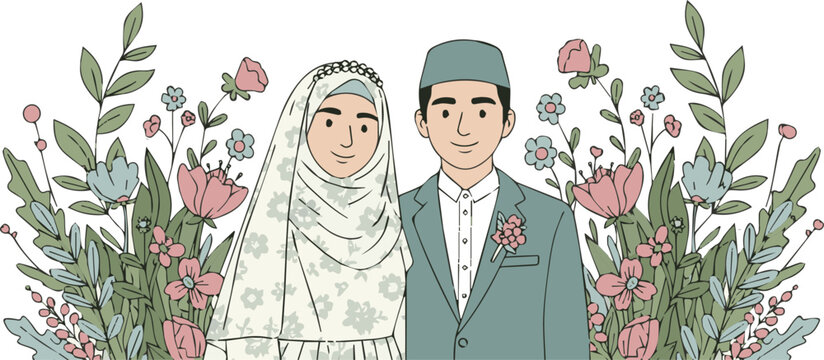 Hand Drawn Islamic Wedding Illustration with Muted Floral Background