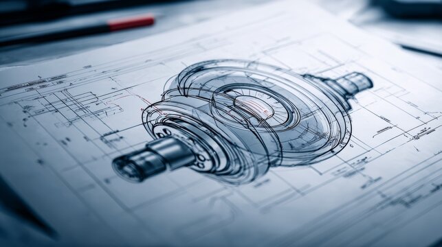 Detailed design of a mechanical component on a blueprint showing the layout and specifications in a workshop setting