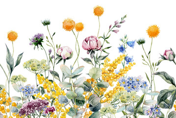 Fototapeta premium A charming seamless border featuring watercolor wildflowers: vibrant dandelions, delicate peonies, and graceful forget-me-nots—a whimsical botanical design perfect for stationery, scrapbooking.