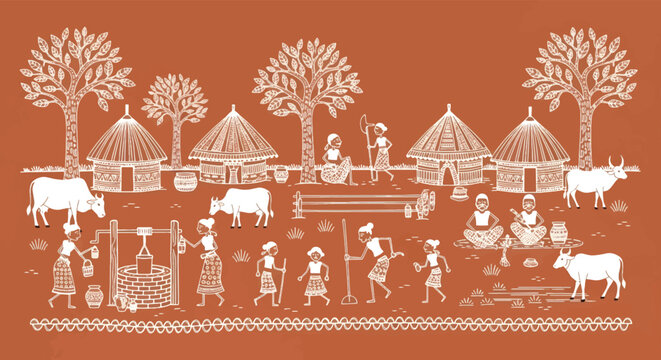 Warli art tribal painting, traditional Indian folk illustration of village life, white ethnic figures on terracotta background vector