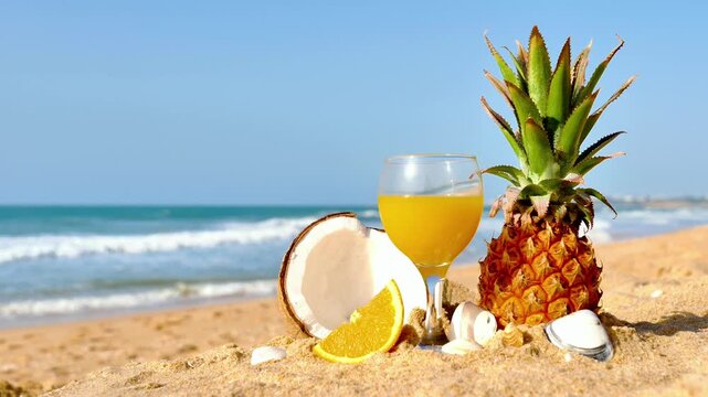 fresh tropical fruit cocktail with pineapple and coconut on a sunny sandy beach with turquoise sea in the background