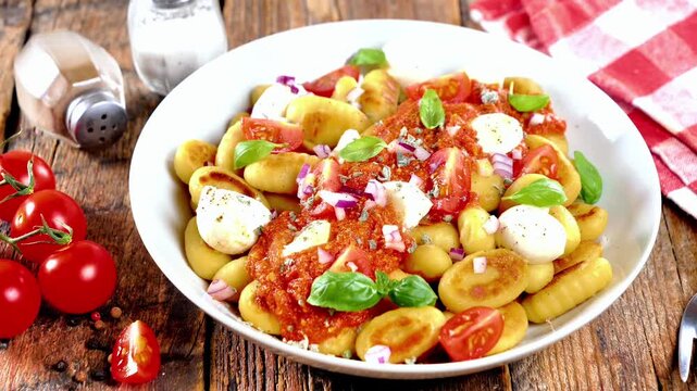 delicious homemade italian gnocchi with tomato sauce mozzarella and fresh basil on a rustic wooden table