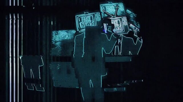 Fake News Concept with Glitch Art Style and Neon Silhouette of Man Holding Gun to His Head