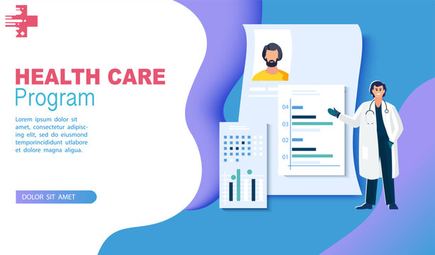 A doctor at a medical conference. Web page design for online medical support, services, healthcare, laboratory. People, medical workers. Concepts for mobile website development. Vector illustration