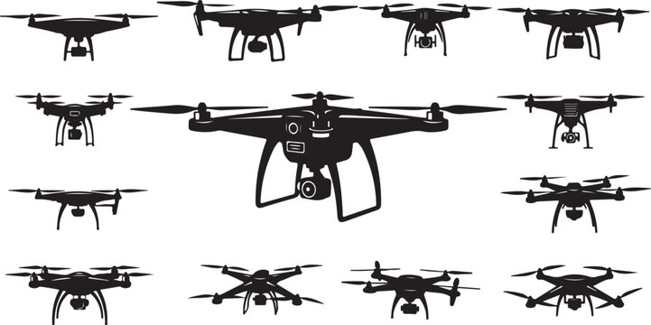 Collection of drone aircraft silhouettes with quadcopter