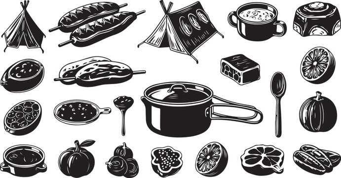Hand drawn camping and outdoor cooking equipment icons