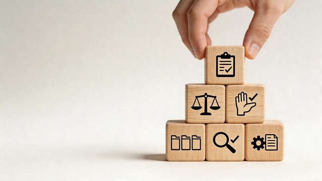 Business man stacking wooden blocks with symbols for auditing and compliance checking process regulatory documents quality control management strategy