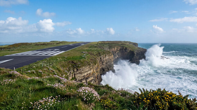 Coastal Runway Stretching Along Rugged Ocean Cliffs Waves Crashing Dramatic Seaside View Aerial Landscape