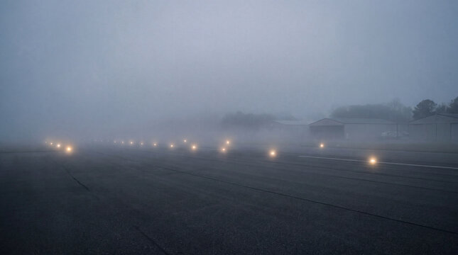 Dense mist surrounds foggy runway with barely visible horizon line and no human figures present