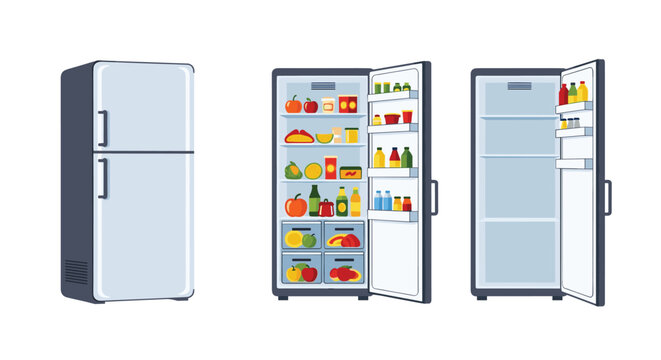 Set of three refrigerators including closed view open door full of food and empty open door on white background.