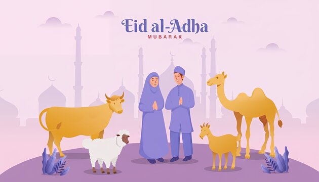 Eid al-Adha Celebration: A festive illustration capturing the spirit of Eid al-Adha with elements of devotion, community, and the blessings of the occasion.