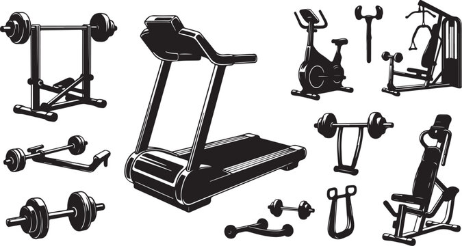 Black vector silhouettes of gym fitness exercise workout