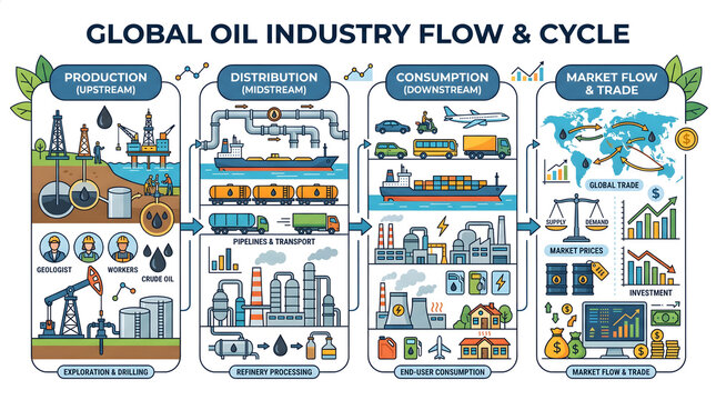 Global Oil Industry Flow & Cycle. Infographic detailing petroleum production, distribution, consumption, and market trade processes.