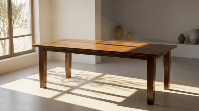 An empty polished wooden dining table sits bathed in the warm golden light of morning