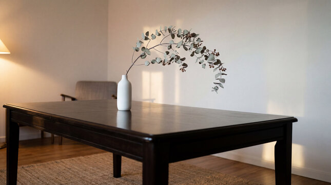 A minimalist serene scene with a polished ebony dining table with a subtle sheen adorning