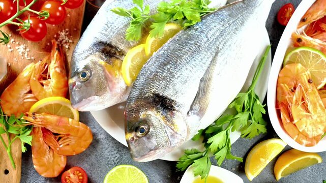 top view of fresh raw sea bream fish and shrimp with lemon herbs and cherry tomatoes on a grey background