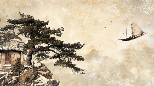Chinese ink wash painting by Song Emperor Huizong flying boat in sky traditional house on snowy mountains old tree and pine tree small figures between them chatting simple elegant stunning