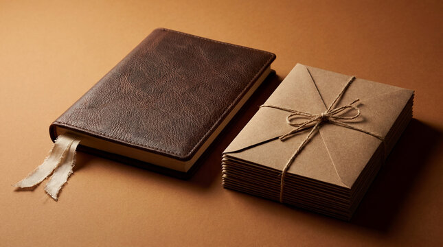 Espresso leather journal with ivory bookmark ribbon and matching envelope stack premium stationery set