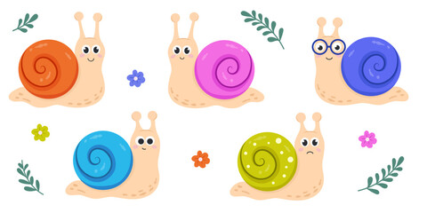 Cute snail set with colorful shells, leaves and smiling characters. For kids stickers, posters, cards, playful design. On white background. © Chilline