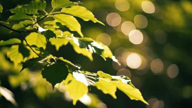 Vibrant green leaves with sunlight and bokeh background