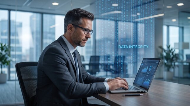 CISO in Modern Office with Binary Code Rain and Data Integrity Concept, Cybersecurity Leader Working on Laptop with Futuristic Digital Overlay