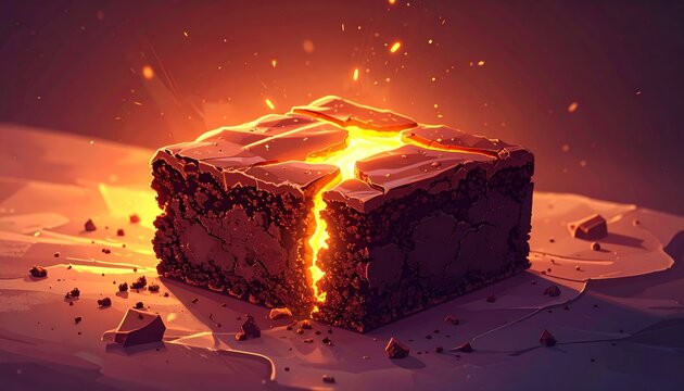 A square chocolate cake on fire.