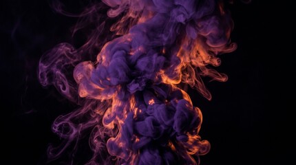 Fototapeta premium Vertical column of dense purple and orange smoke swirling in dark space for mysterious concept