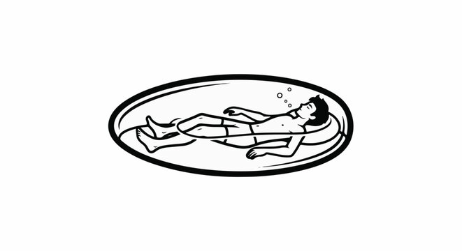 Person relaxing in a futuristic oval pod, body suspended